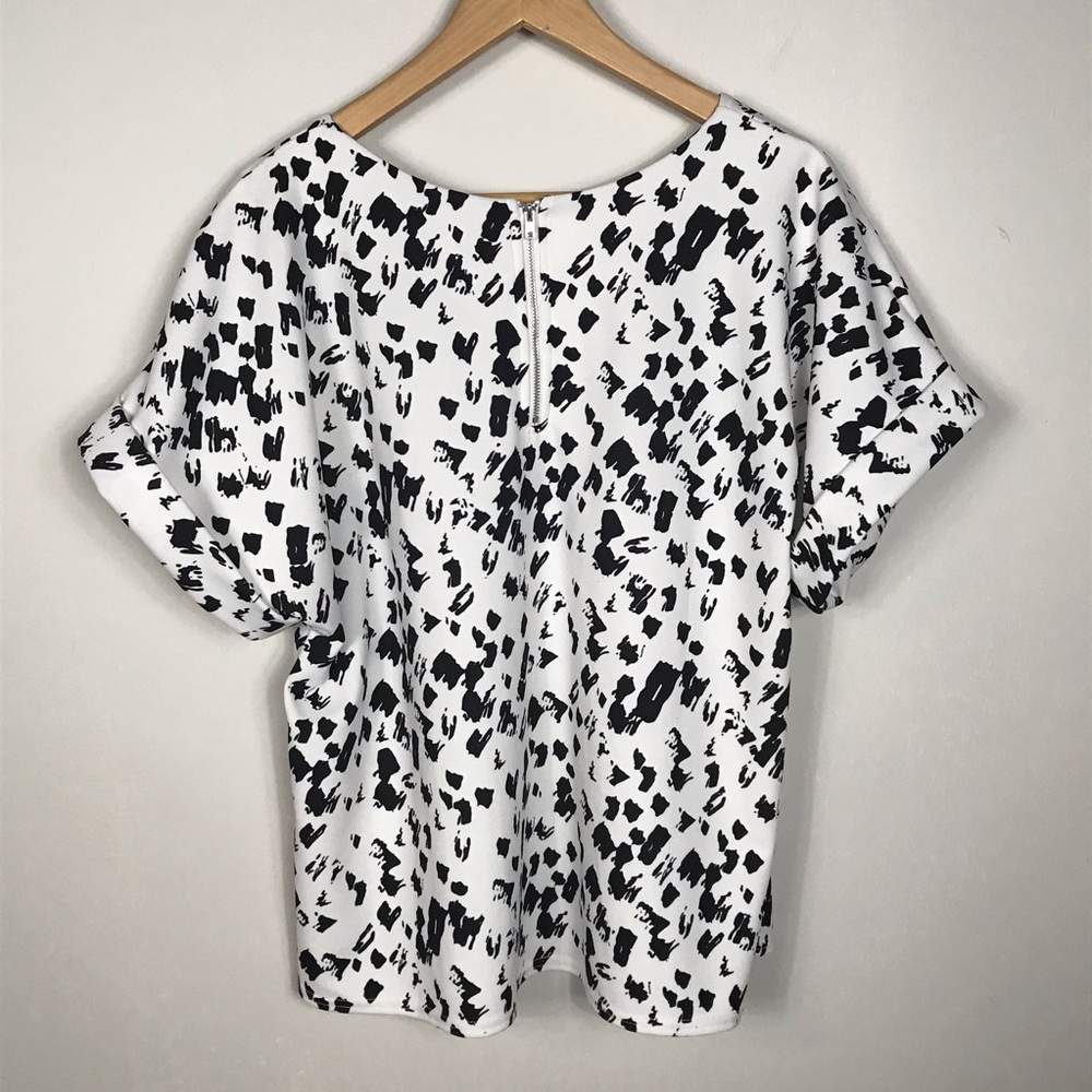 Melloday Short Sleeve Stretch Blouse Top White Black Print Size XL - Picture 4 of 11